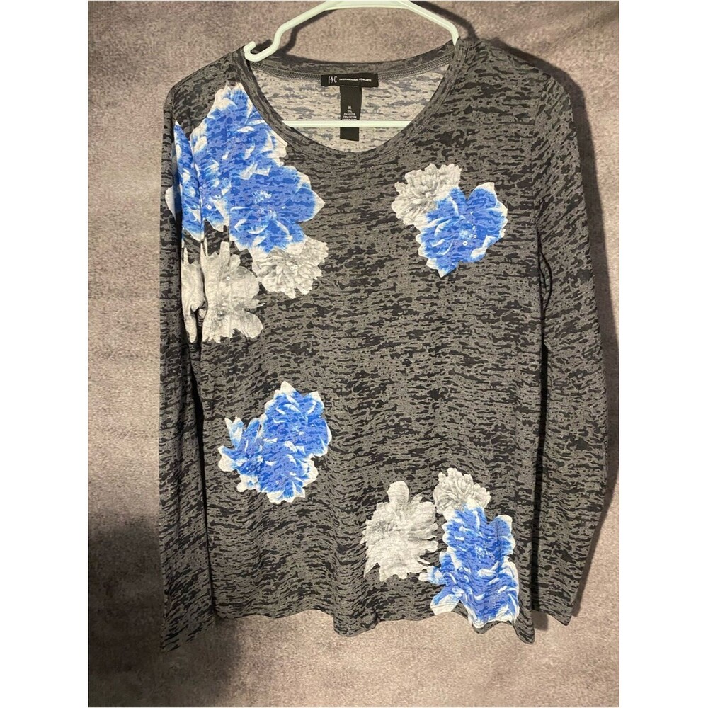 ⁠International Concepts Women M Gray Burnout Floral Sequin Long Sleeve Top⁠